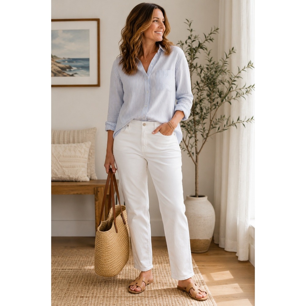 J.Jill Women's Slim Boyfriend Straight Leg White Denim Jeans Size 16 Tall Preppy